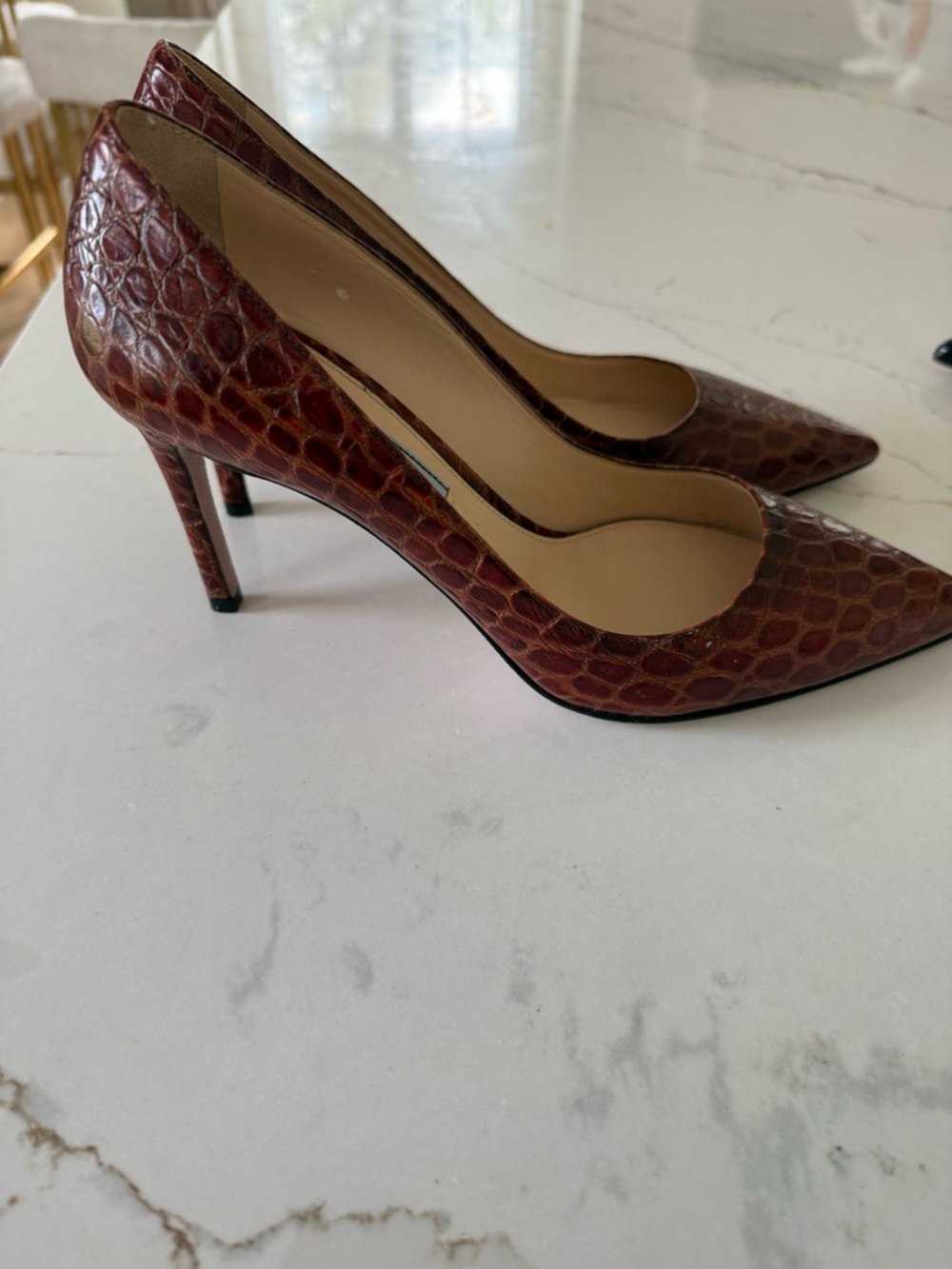 Prada Brown Croc-Embossed Pointed-Toe Pumps - Picture 2 of 8